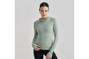 Compression Active Stretch Breathable Lightweight Women'S Sports Long Sleeve with Hooded and Thumb Hole Yoga Top Front Logo