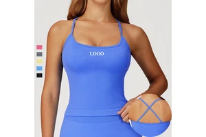 Custom High Stretchy Seamless Ribbed Slim Fit Gym Sports Crop Tops Bra Cross Straps Moisture-Wicking Fitness Yoga Tank Tops
