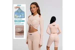 Pilates Yoga Wear Long Sleeves Drawstring Front Pleated Crop Top & Shorts Workout Gym Fitness Sets for Women