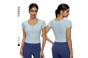 Women Athletic Wear V Neck Half-Fixed Slim Fit High Elastic Fitness Crop Tops Quick Dry Workout Ladies Yoga Short Sleeve T Shirt