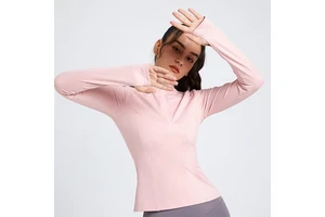 Wholesale Women's High Stretch Stand Collar Yoga Top Slim Fit Half Zip Long Sleeve Running Jacket with Thumb Holes