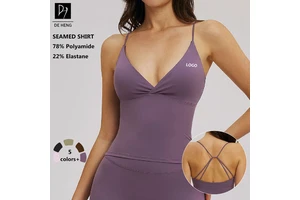 Deep V Neck Solid Pattern Crop Active Fitness Crisscross Back Sportswear Seamed Breathable Bra Top