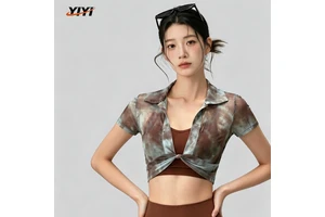 Printed Mesh Breathable Yoga Short-sleeved Women's Summer Fashion Knotted Waist-exposed Short Sports T-shirt Outer Wear Fitness