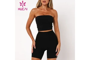 HUCAI OEM Custom logo High Quality Polyester Spandex strapless padded bra Gym Yoga tube top crop tank Top for Women