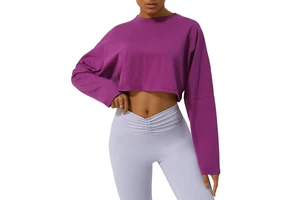 Daily Active Wear Oversized Round Neck Long Sleeve T Shirts Crop Top Casual Loose Fit Crew Neck Cropped Workout Yoga Tops