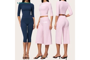 LORISOW Gym Slim Fit T Shirts Outfit Summer High Stretchy Workout 3pc Yoga Set Wide Leg Capri Pants For Women High Quality