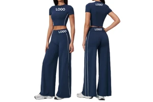 Wholesale Women Summer Yoga Set 2-Piece Short Sleeve Top Wide Leg Pants Running Fitness Quick Dry Sports Casual Activewear