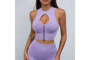 Hot Sale Women Rib Tank Top Skin Friendly Sport Sleeveless High Elastic Push Bust Breathable Gym Yoga Fitness Top with Zipper