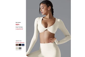 Custom Sports Long Sleeved Fitness Sports Clothes Women'S Deep V Neck Breathable T Shirt Gym Workout Short Yoga Tops