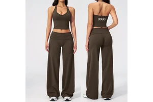 2-Piece Yoga Outfit with Halter Tank Top & Fold-Over Waist Wide Leg Pants Loose Pants Athletic Wear Gym Sports Activewear Set