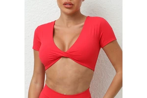 Wholesale S-L Twisted Yoga Short Sleeve Tight V-neck Sports Bra Short Sleeve Shockproof Speed Drying Running Fitness Top
