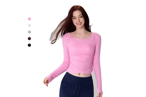 Custom Logo Autumn Winter Running Side Ruched Slim Fit Round Neck Compression Yoga Top Ribbed Long Sleeve Gym T Shirt Women