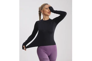 Women Athletic Long Sleeve Round Neck Quick Dry Breathable Slim Fit Workout Fitness Solid Color T-Shirt Yoga Top