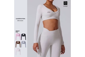 Female Long Sleeve Deep V Neck Open Back Breathable Sweat Wicking Cropped Waist Workout Yoga Fitness Top