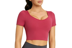 Cross Back Short Yoga Top for Women with Fixed Pads Lightweight Breathable Quick Dry Slim Fit Sports Tee
