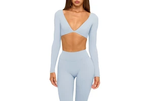 Women's Quick-Dry Stretchy Four-Way Breathable Solid Yoga Top Breathable Long Sleeve Sexy Deep V Neck Gym Crop Tops
