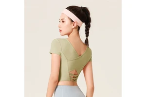 Women Exercise Tight Tops Cross Back Fixed Chest Pad Fitness Shirts Yoga Sports Short Sleeve