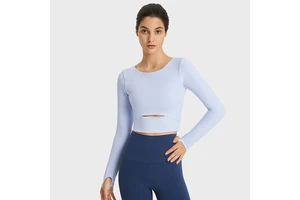 Womens Long Sleeve Nylon Spandex Crop Workout Top Four Way Stretch Sweat Wicking Breathable Quick Dry Short Length Yoga Tee