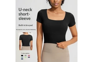 Women's Yoga Short Sleeve Breathable Tight Fit Running Training T-shirt with Chest Pad and Fixed One-piece Cup U-neck Sportswear
