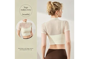 Women's 2-in-1 Breathable Quick Dry Sheer Mesh Stand Neck Short Sleeve Yoga Top Built-in Bra Slim Fit Casual Front Logo