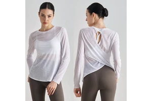 Summer Round Neck Fitness Crossed Hem Thin Long Sleeved Loose Breathable Yoga Long Sleeve Top With Beautiful Hollowed Out Back