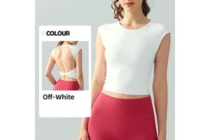Spring & Summer Yoga Short-Sleeve Top - Fixed Cup Pads, Sexy Open-Back, Cropped, Slim-Fitting, Workout T-Shirt & Fitness Tank