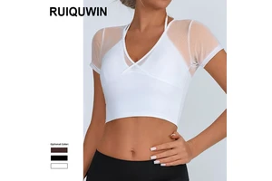 RUIQUWIN New Sports Fitness Top Sexy Breathable Mesh Short Sleeve T-Shirt Patchwork Quick Drying Yoga Top