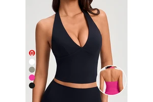 Women Halter Sexy Deep V-neck Yoga Crop Top Comfortable Push-up Fashion Solid Color Backless Sleeveless Tank Top With Chest Pad