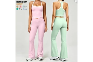 OEM ODM Quick Dry Women Spaghetti Straps Fitness Top with Flared Pants Wholesale Soft Gym Yoga Clothes High End Lady Sportswear