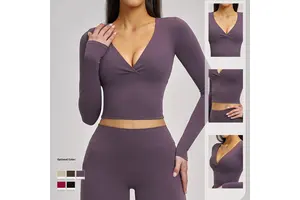 Custom LOGO Newest Deep V-neck Long Sleeve Yoga Tops Cropped Padded Pilates Fitness Soft Sports Tops for Women