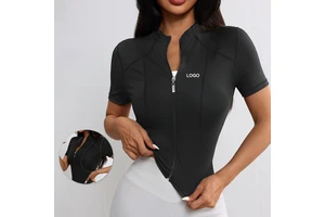 Women Full Zip Short Sleeve Workout Top Stand Collar Slim Fit Athletic Shirt Quick Dry Running Yoga Fitness Sports Jacket