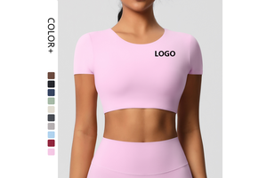 Double-Sided Brushed Breast Pads Women's Yoga Crop Top Breathable Short-Sleeved Pilates Running Sports T-Shirt Tops Plus Front