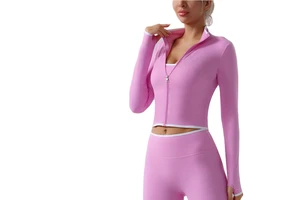 Women's Color-Blocked Zip-Up Stand Collar Yoga Top with Thumb-Hole Long Sleeves Breathable Seamless for Outdoor Running Fitness