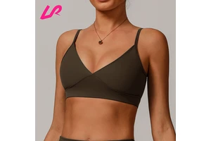 OEM Custom Logo Women Gym Activewear Blank V Neck Crop Top Low Back Adjustable Strap Fitness Top Four Way Stretch Sports Bra