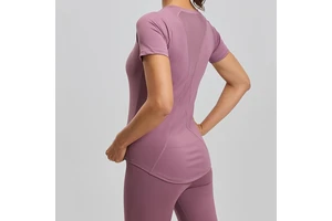 Custom Logo Women's Mesh Yoga Short-Sleeve Fitted Waist Athletic T-Shirt Solid Slimming Breathable Fitness Running Sports Top