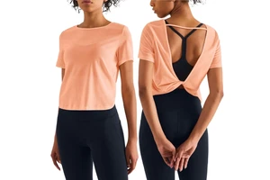 Aoyema Yoga Fitness T-Shirt Slim Fit Loose Comfortable Round Neck Open Back Mesh Gym Short Sleeve Sports Top