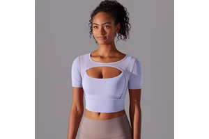 Custom Logo Ladies Gym Workout Crop Top Front Hollow Breathable Fitness Yoga Mesh Top Short Sleeves Plus Size Options Sports Bra