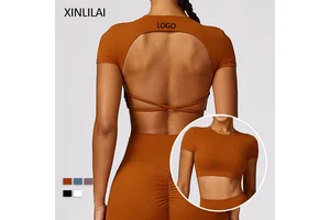 Round Neck Workout Clothes High Impact Backless Yoga Top Women Removable Padded Short Sleeve Fitness Crop Top