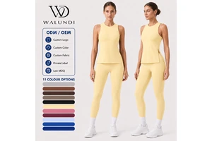 Naked Feeling Yoga Set Women Round Neck Sleeveless Top with Built-in Bra Side Split Workout Leggings 2 Piece Set Custom Logo