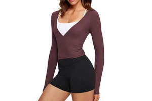 Custom Ultra Soft Regular Fit Casual V-Neck Knit Breathable Four-Way Stretch Long Sleeve Tie Cross Wrap Yoga Woman Crop Top