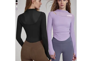 Long Sleeve Gym Women Activewear Sports Pleated Side Custom Corset Fitness Yoga Workout Top