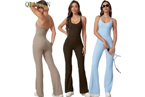Women Nude Ribbed Material Gym Fitness Yoga Jumpsuit Low Collar One Piece Sexy Bodysuit Sport Active Wear Jumpsuits