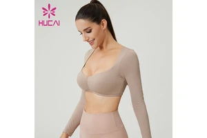 HUCAI Custom 90% Nylon 10%Spandex Second-skin Fabric Loose Elastic Scrunch Deep V Yoga Top Long Sleeve