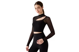 Fashionable Sexy Women's Fitness Sports Pure Desire Style Hollow Small Turtleneck Long Sleeved Breathable Spandex/Nylon Yoga
