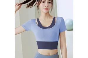Two Piece High Stretch Yoga Short Top Women Short Sleeve with Chest Pad Fitness Tight Yoga T-Shirt