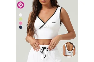 Custom Logo Women's Plus Size Four-Way Stretch Quick Dry Super Soft Yoga Tank Top Breathable Sexy Two-Tone V-Neck for Fitness