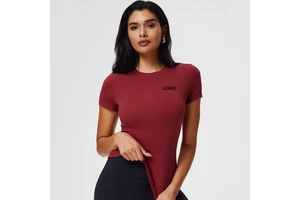 New OEM Wholesale Plus Size Soft Solid Color Breathable Short Sleeve T-Shirts Women Summer Slim Fit Fitness Sports Naked Yoga Top