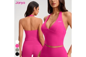 Janya Custom Logo Gym Clothing Sexy Deep V Neckline Sports Vest Sleeveless Active Tops Backless Halter Yoga Tank Top for Women