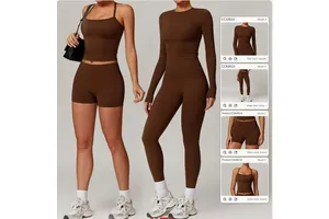 Custom Autumn Winter Women's Yoga Set Breathable Long Sleeve Crop Top & Plaid Pant Sharpened Fitness Sport Outfit
