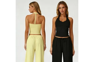 Custom Women's Gym Activewear 2-Pc Set T-Line Tank Top Drawstring Loose Pants Quick Dry Tennis Running Breathable Front/Waist